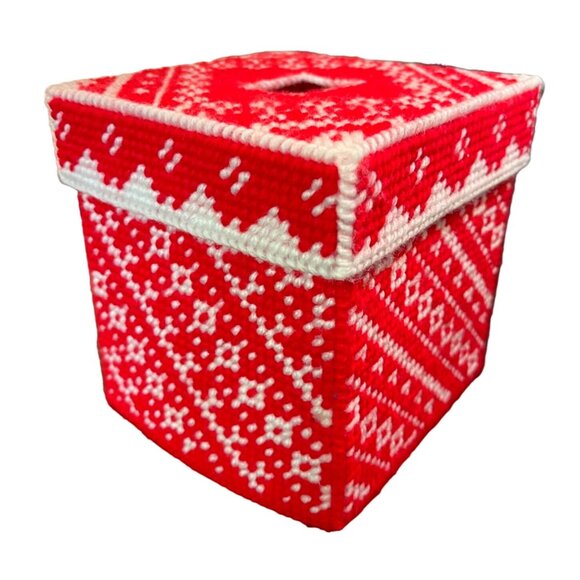 Handmade Other - Vtg Handmade Red White Needlepoint Square Tissue Box Cover